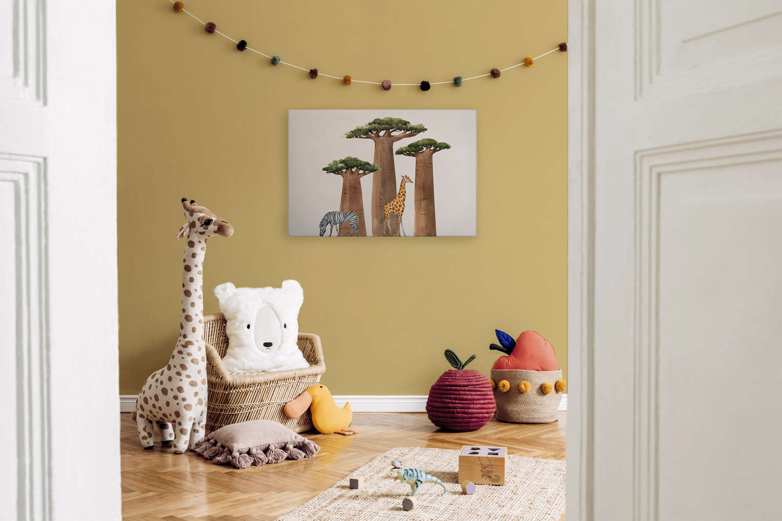             Leinwand Savanne mit Giraffe und Zebra – 90 cm x 60 cm
        