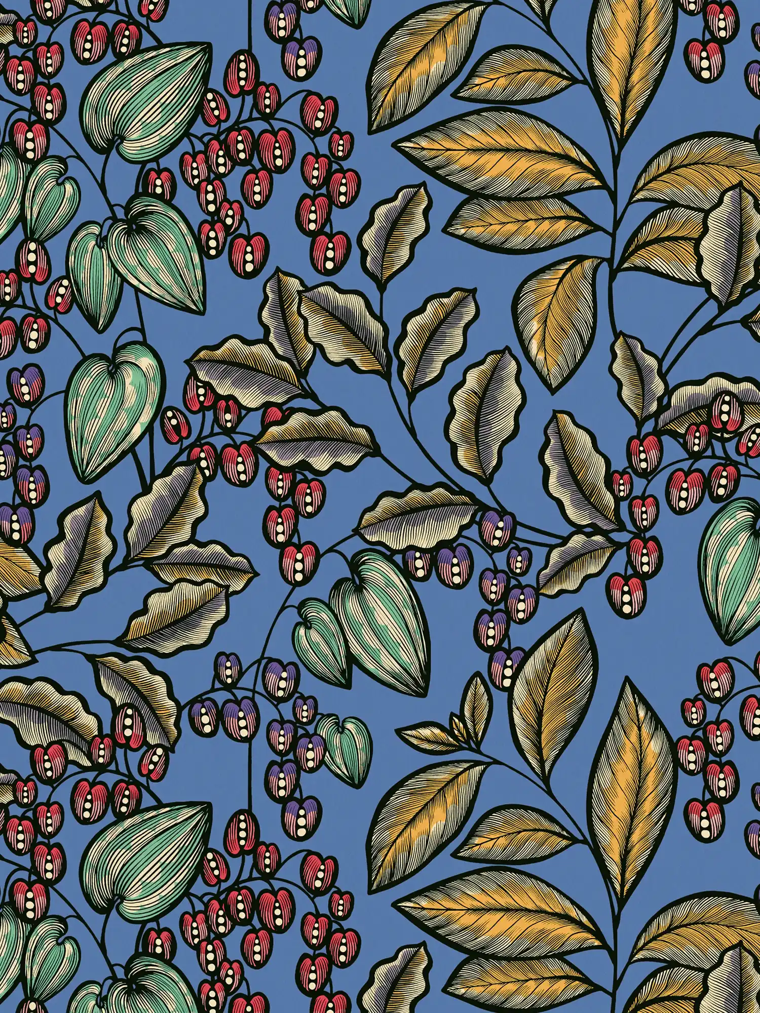         Florale Tapete Blau mit Blätter Design im Scandinavian Look
    