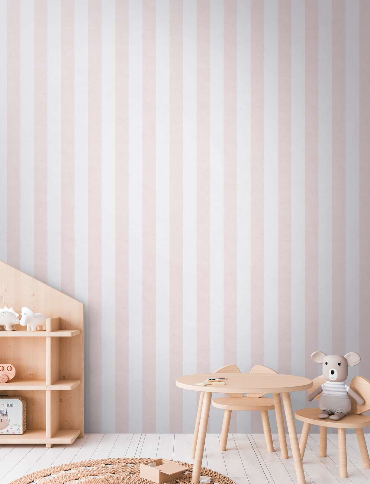             Kinderzimmer Vliestapete Streifenmuster in zarten Pastellfarben für ein romantisches Ambiente – Creme, Rosa
        
