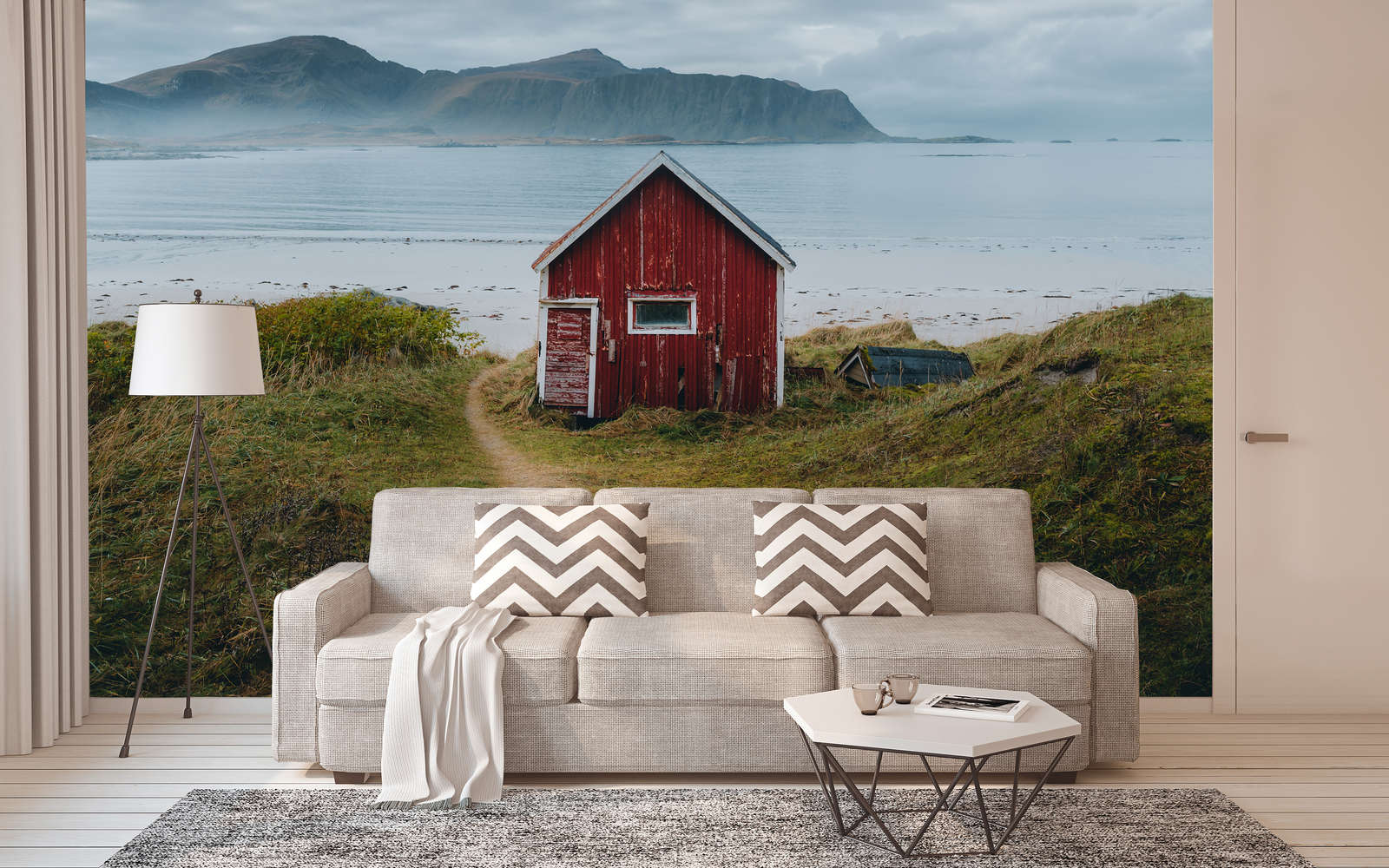 wohnzimmer wandbild, landschaft mural, rot holzhütte, meerlandschaft, gedeckte farben