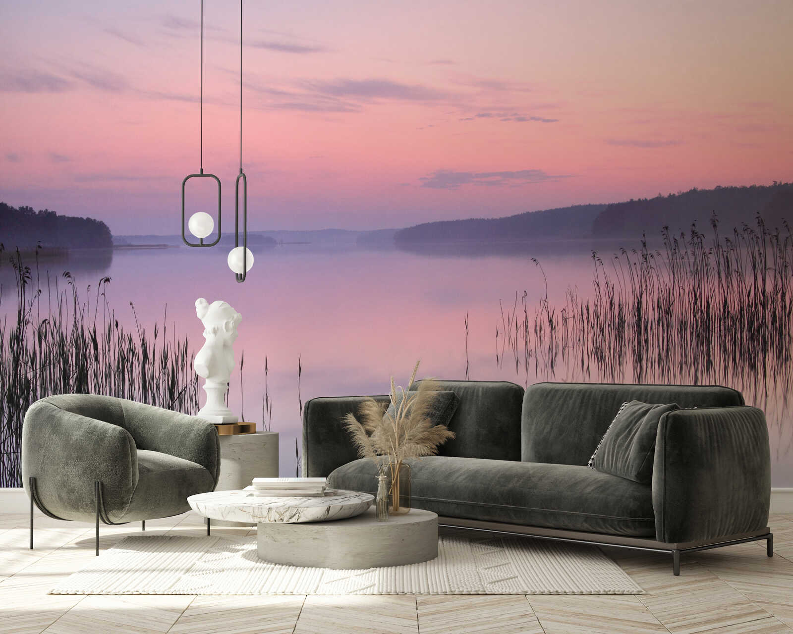 sofa, Wohnzimmer, Wand mural, Pastell-Sonnenuntergang, Dekoration Skulptur