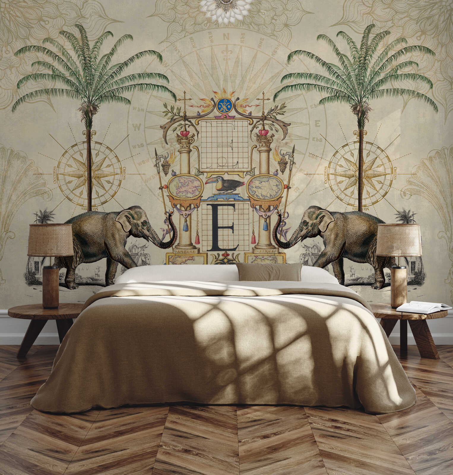King-size Bett, Schlafzimmer-Wandbild, Antikes Wandbild, Elefantenmotiv, Palmen