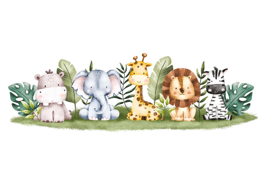             Kinderzimmer Fototapete Dschungelfreunde - niedliche Babytiere als Vliestapete – Bunt
        