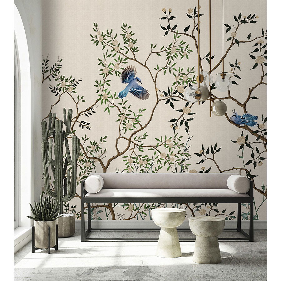         Photo wallpaper »merula« - branches & birds - light with linen texture | Smooth, slightly shiny premium non-woven fabric
    