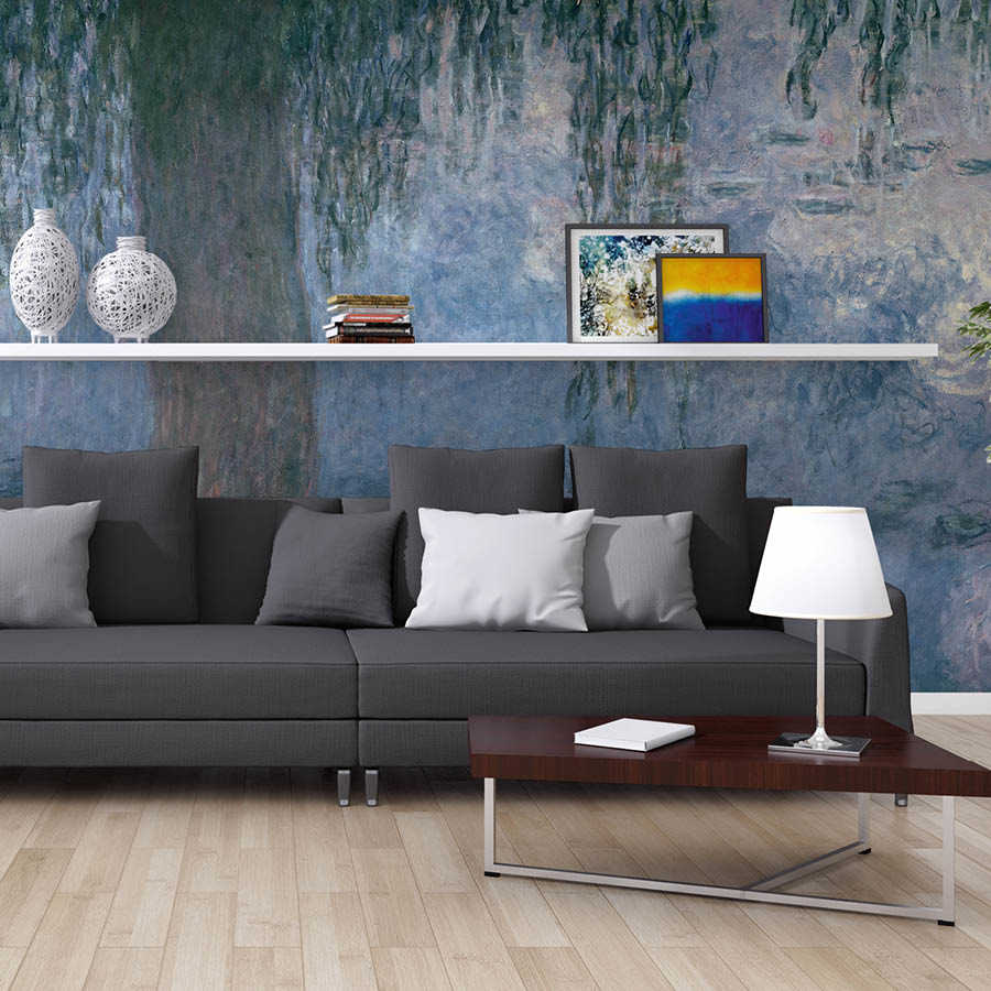 wohnzimmer, sofa, kunstwand, regal, lampe