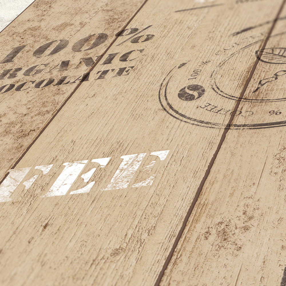 Holzoptik Vliestapete mit Kaffee &amp; Kakao Logo – Beige, Braun