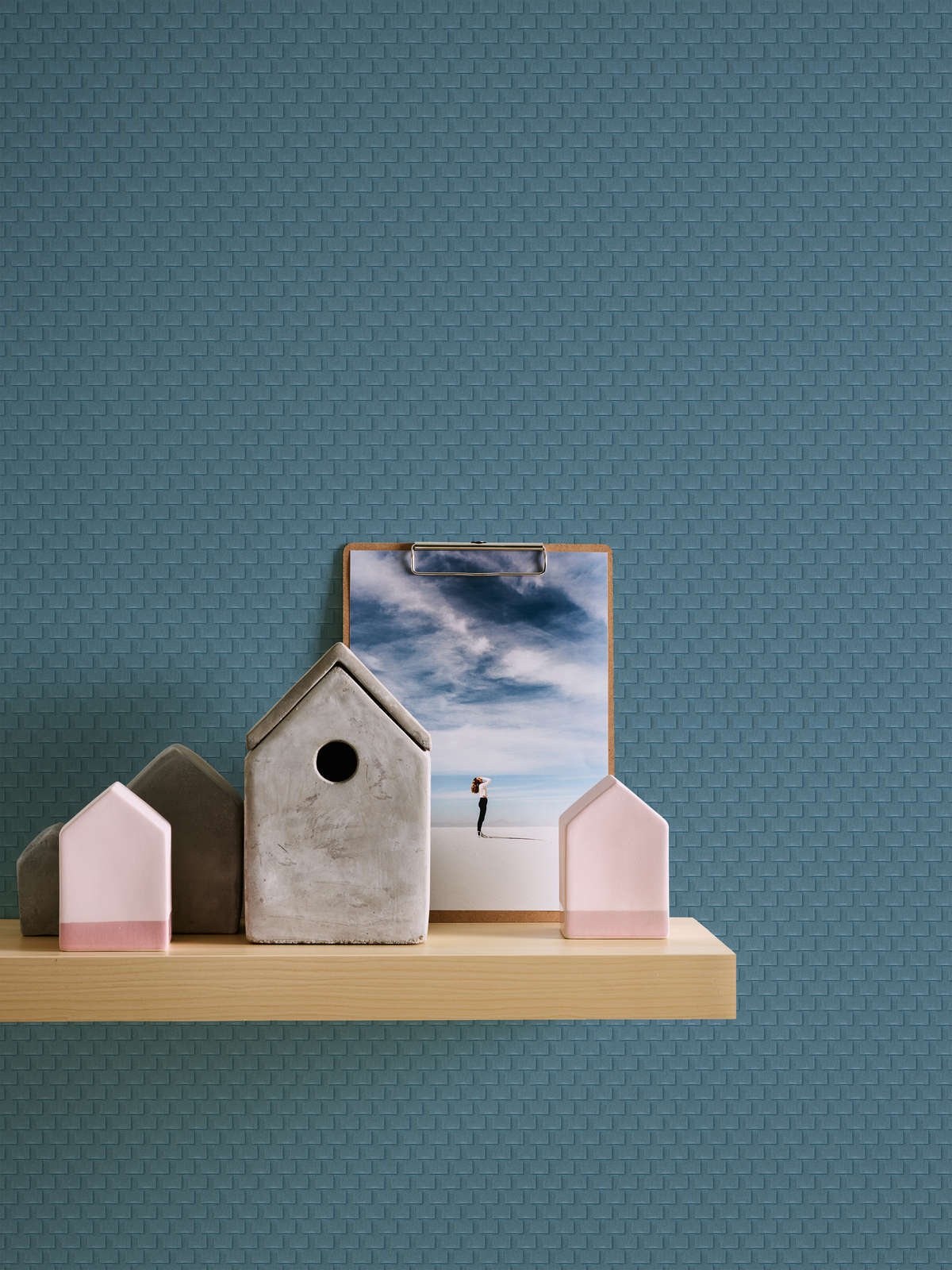             Gemusterte Tapete mit Facetten-Design und 3D-Effekt – Blau, Bronze
        