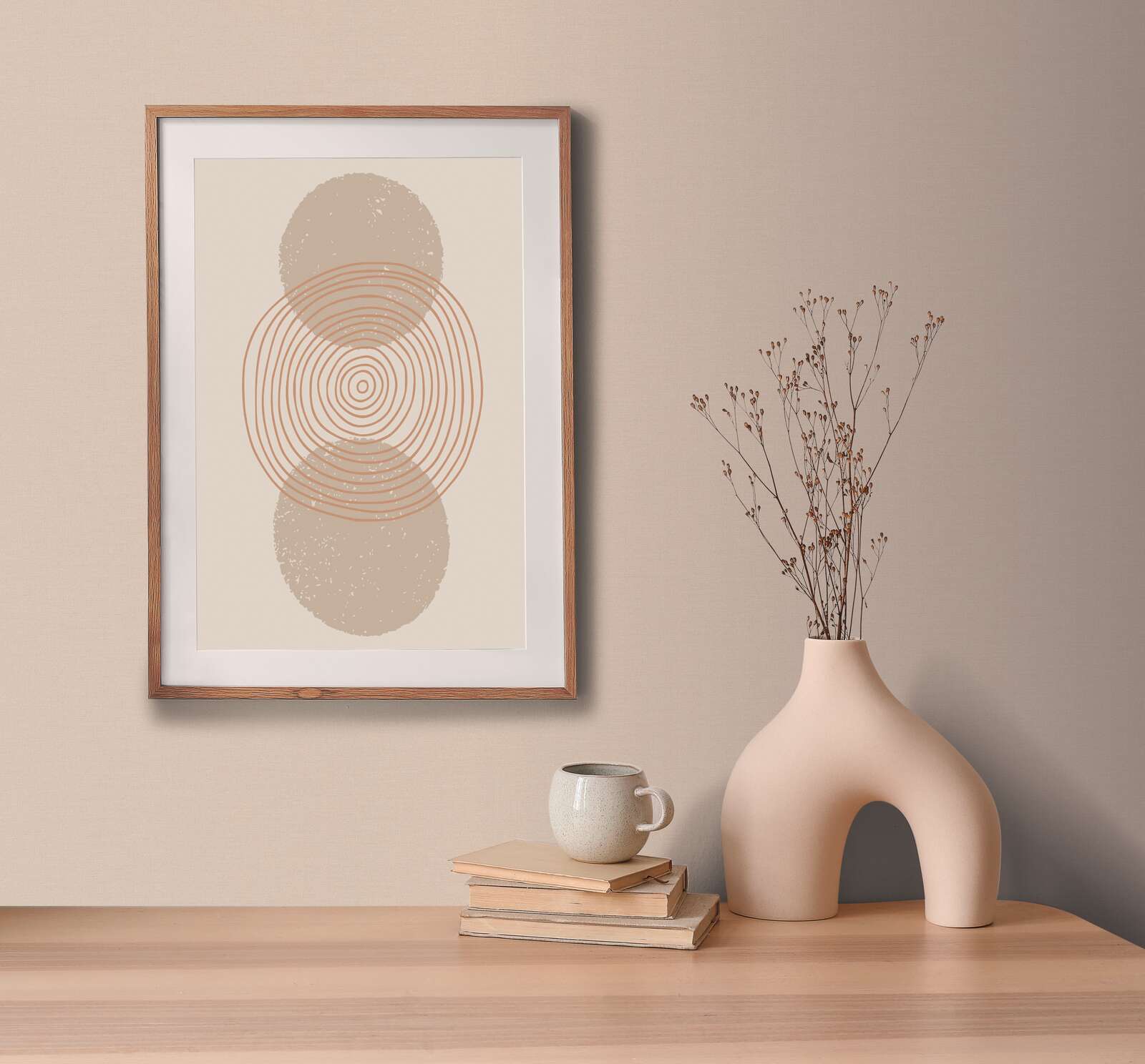 gerahmte kunst, abstrakte druck, neutrale dekoration, kreis muster, holzrahmen