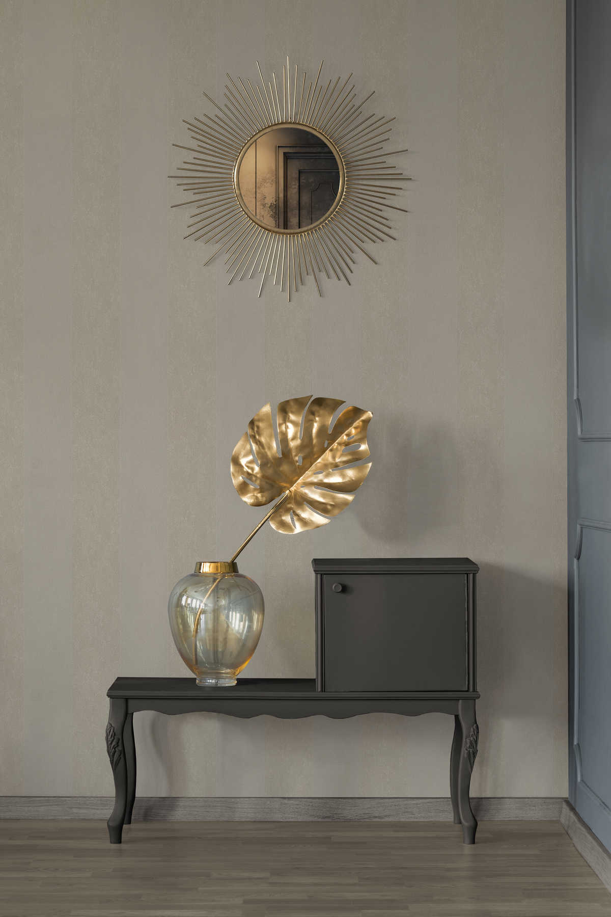             Elegante Vliestapete mit samtigen Blockstreifen auf glänzendem Kompaktvinyl – Creme, Metallic
        