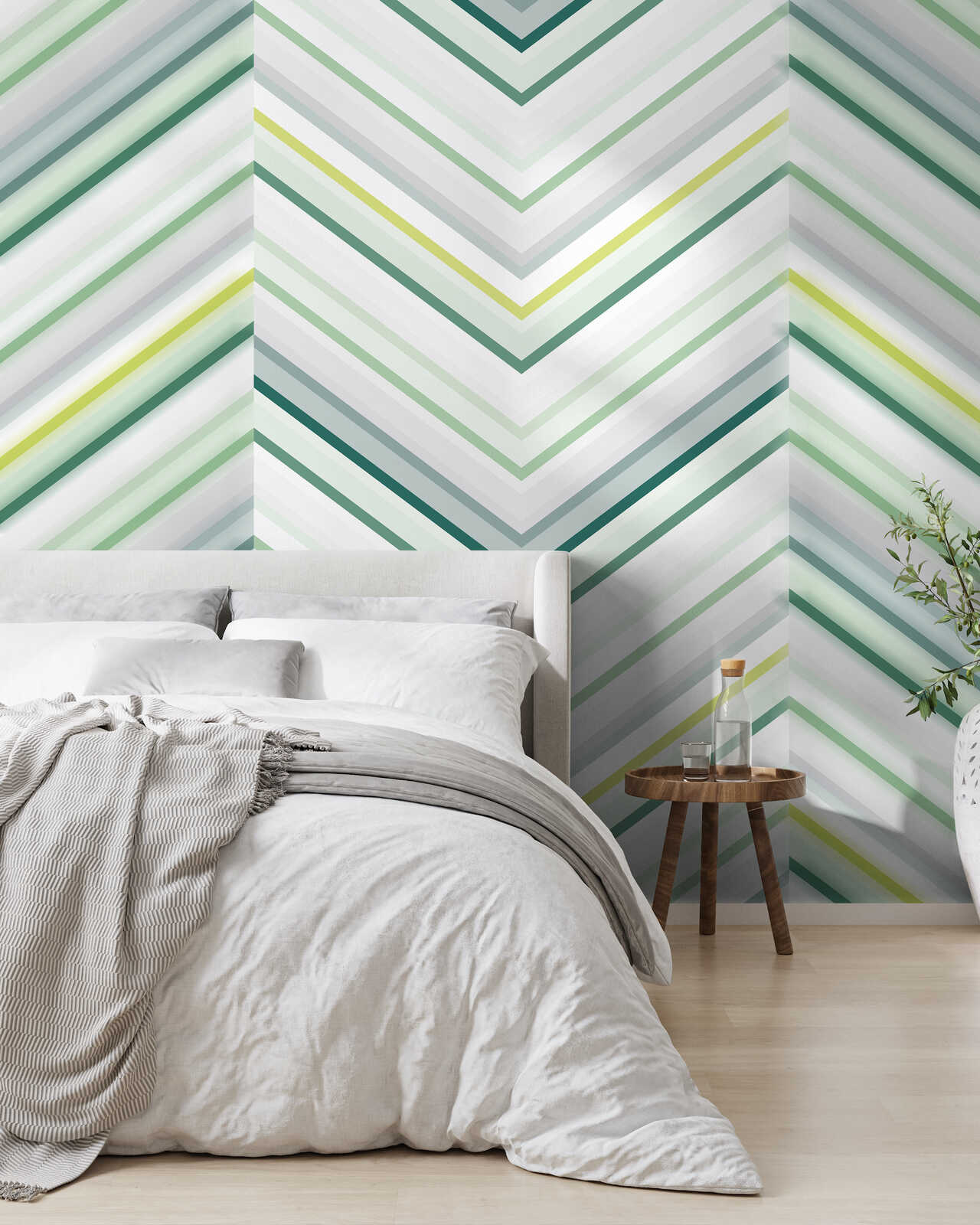 bett, bettzimmer, wandtapete, geometrisch, grün