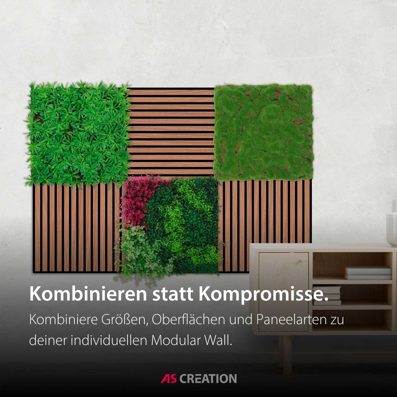 Modularwand, Grüne Wand, Panelen-Anordnung, Holzlatten, Zimmerpflanzen